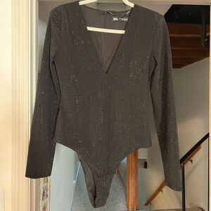 Zara Sparkling Black V-Neck Bodysuit